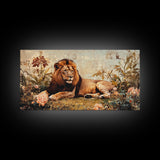 Regal Lion in Wildflowers Framed Canvas Print, Safari Wildlife Painting, African Rustic Wall Art, Boho Nature Decor, Animal Kingdom Art