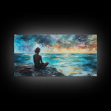Woman Meditating Coastal Sunset Framed Canvas Print Yoga Art Nautical Wall Art Bedroom Decor Perfect Gift Idea Coastal Cowgirl Artwork