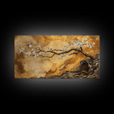 Framed Canvas Print of Golden Cherry Blossom Art in Chinoiserie Style with Metallic Details, Elegant Botanical Wall Art Gift