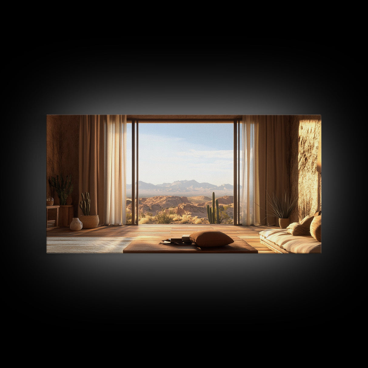 Canvas Print of Rustic Southwest Desert Scene with Cactus and Mountains, Southwest Home Decor, Rustic Living Room Wall Art