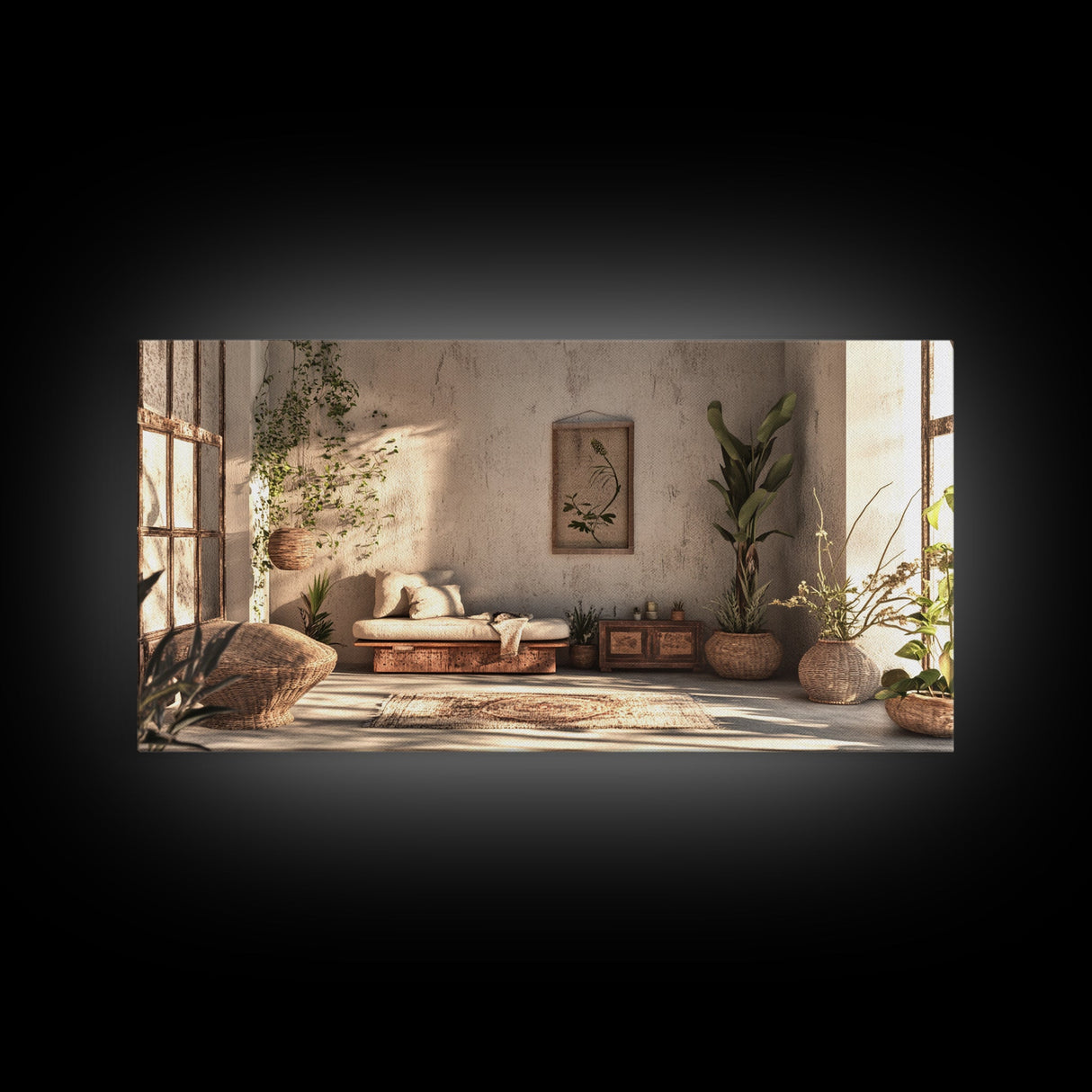 Serene Boho Nook Canvas Print, Minimalist Wabi Sabi Wall Art Vertical Decor, Rustic Botanical Artwork Guest Room Inspiration Idea