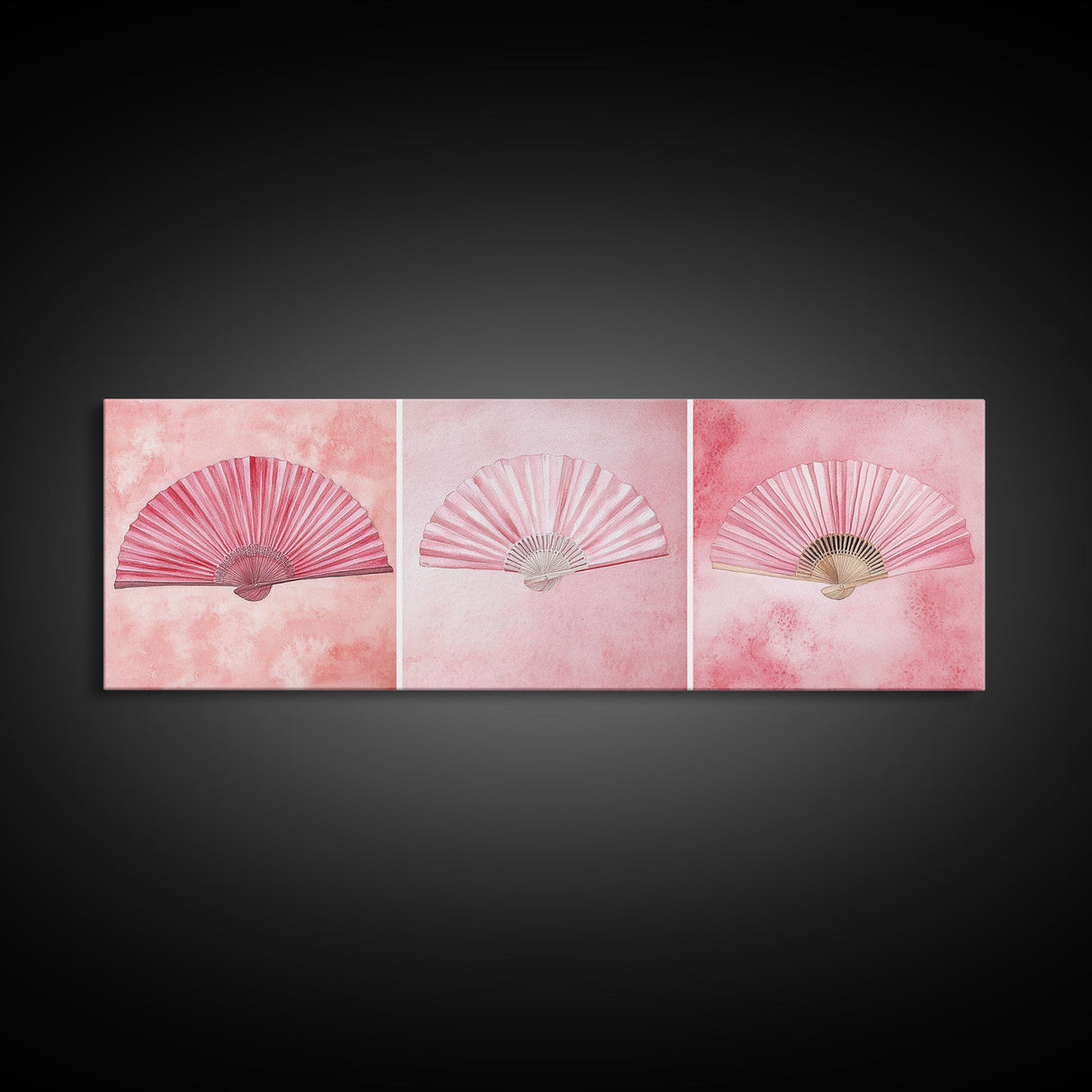 Trio of Elegant Fans Canvas Print, Minimalist Boho Pink Artwork, Oriental Fan Wall Art for Bedroom, Light Pastel Wall Decor Idea