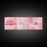 Trio of Elegant Fans Canvas Print, Minimalist Boho Pink Artwork, Oriental Fan Wall Art for Bedroom, Light Pastel Wall Decor Idea