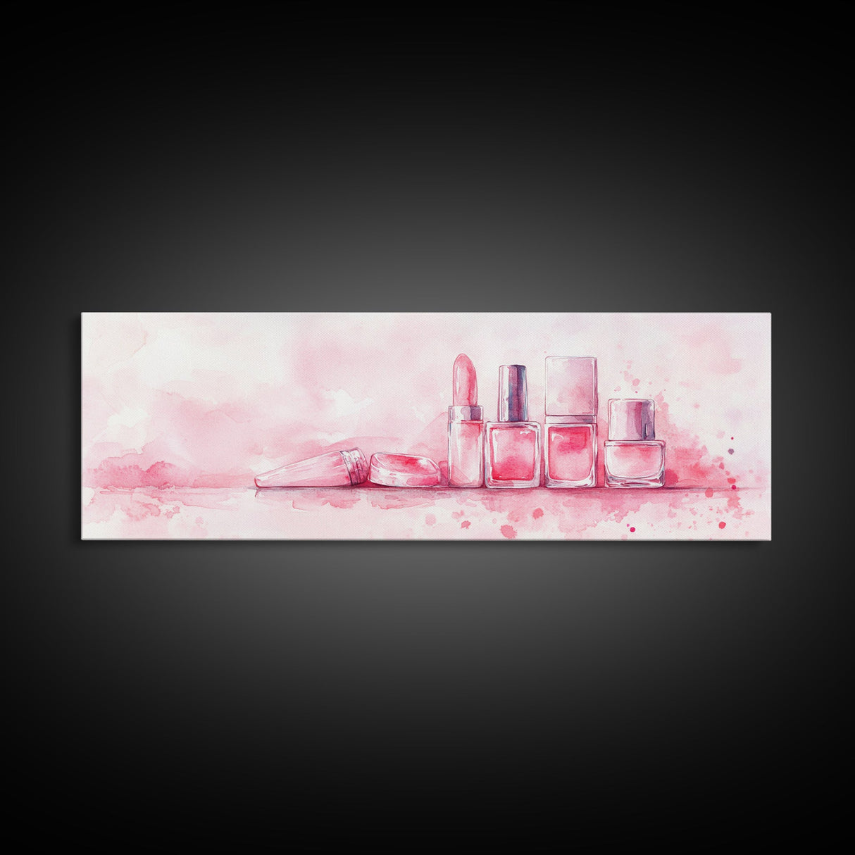Makeup Art Canvas Print Featuring Lipstick and Nail Polish, Pink Abstract Wall Art for Bedroom or Bathroom Decor, Feminine Gift