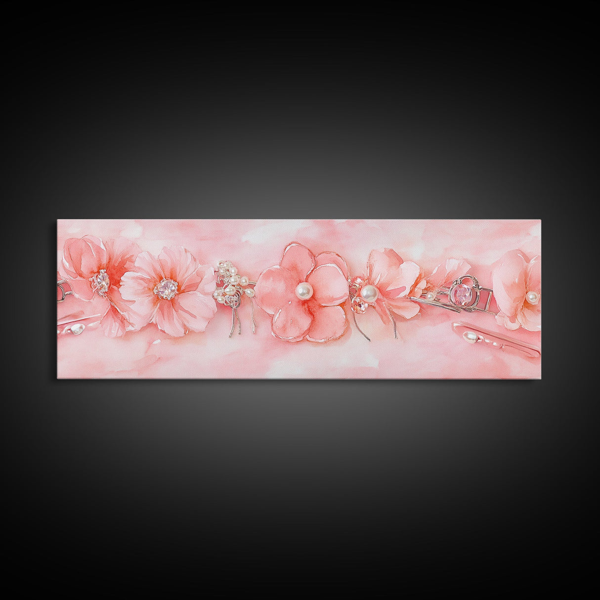 Cherry Blossom Canvas Print with Delicate Pearl Accents, Romantic Light Pink Wall Art for Bedroom or Coastal Wedding Decor