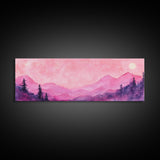 Mountain Landscape Art Framed Canvas Print in Light Pink Hues with Starry Sky, Bedroom or Living Room Artwork, Rustic Decor Painting