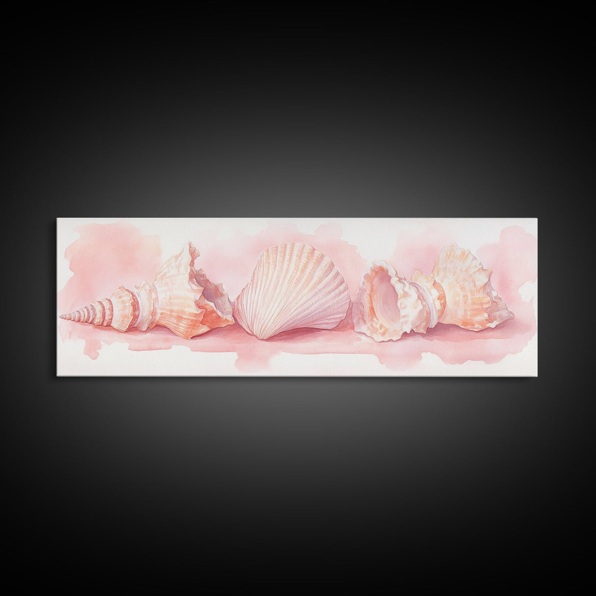 Shell Painting Framed Canvas Print Featuring Coastal Shells in Pastel Pink, Nautical Decor Idea, Horizontal Coastal Artwork