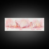 Shell Painting Framed Canvas Print Featuring Coastal Shells in Pastel Pink, Nautical Decor Idea, Horizontal Coastal Artwork
