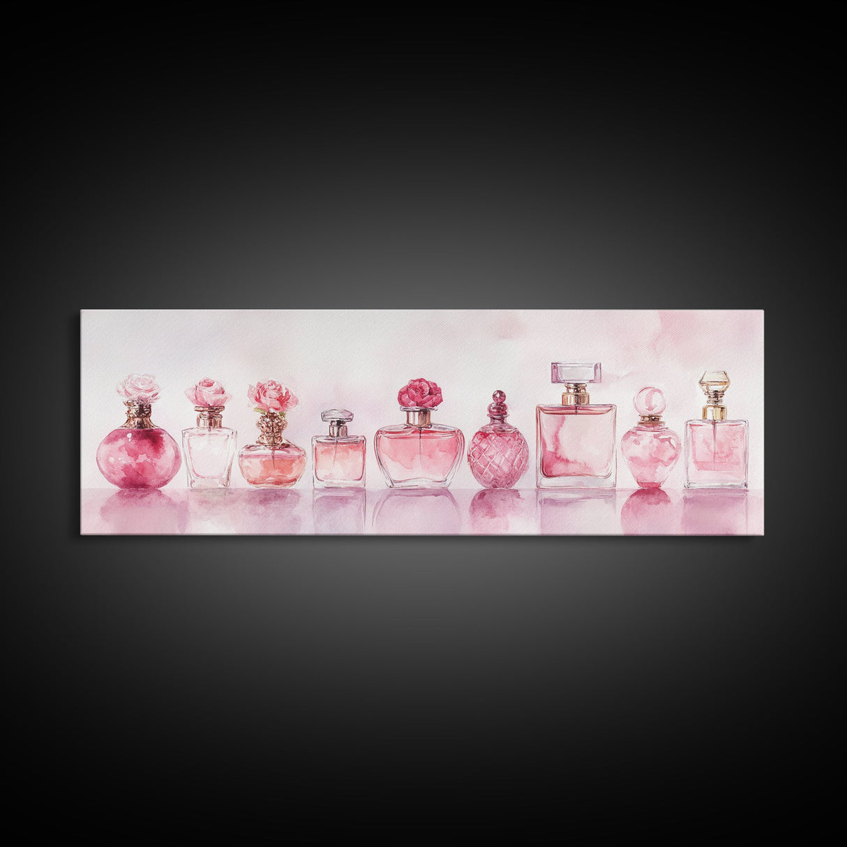 Framed Canvas Print Perfume Bottle Art Pink Abstract Art Feminine Decor Gift Idea Minimalist Living Room Wall Art Horizontal Painting