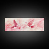 White Doves in Flight Artwork, Framed Canvas Print, Angelic Light Pink Wall Art, Whimsical Bedroom Decor, Feminine Spring Style