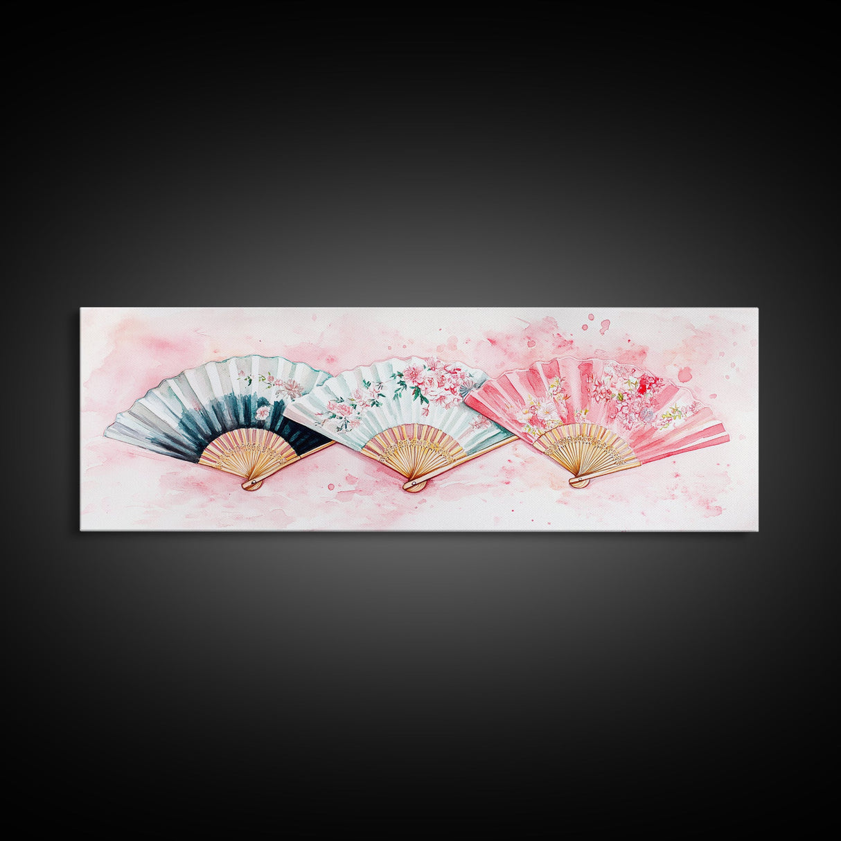 Floral Hand Fan Art Framed Canvas Print Chinoiserie Pink Wall Art Botanical Prints Horizontal Bedroom Living Room Décor Gift Idea