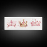Framed Canvas Print of Elegant Crowns in Pink and Gold Perfect Gift Idea or Dorm Room Light Pink Wall Art with Royal Aesthetic