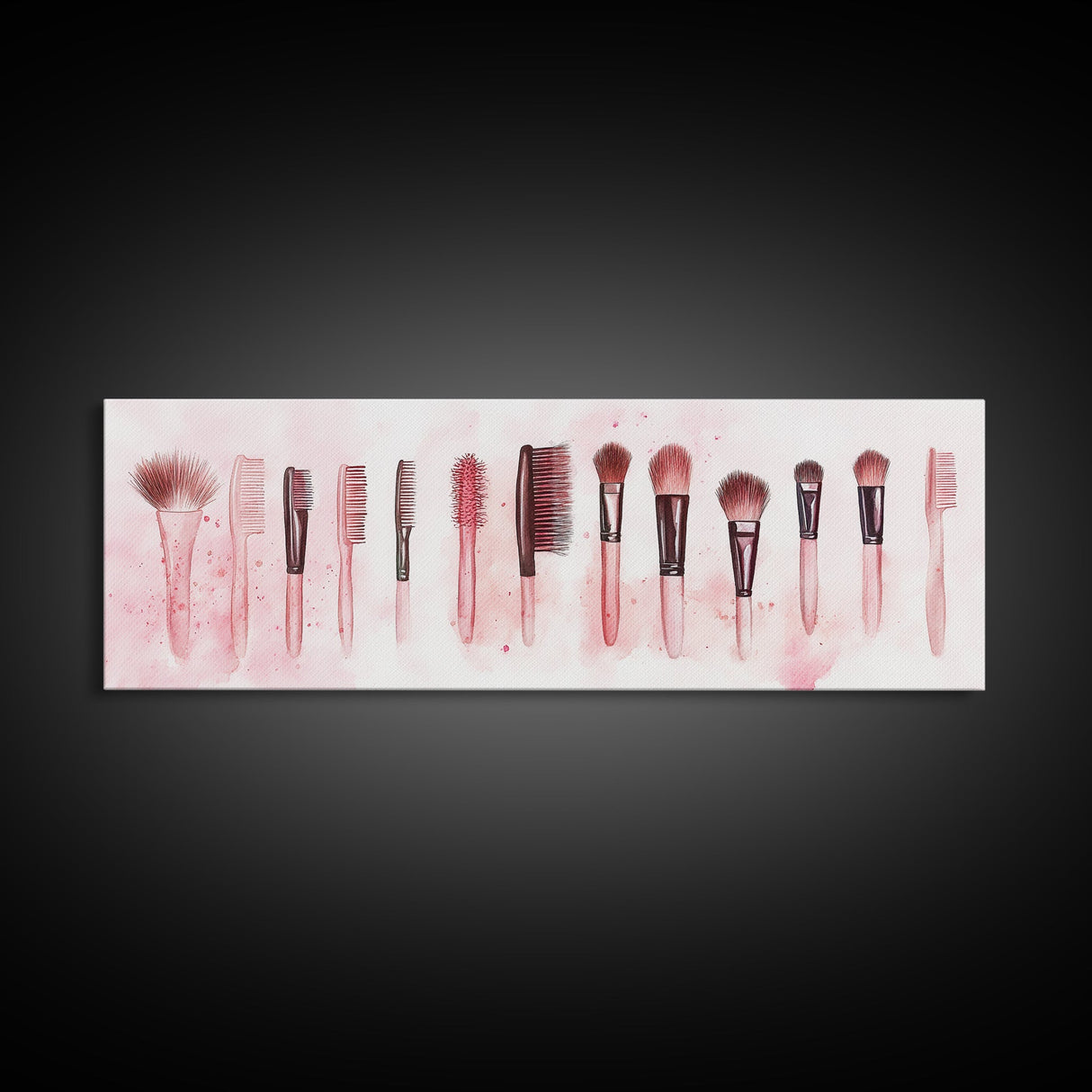 Framed Canvas Print of Makeup Brushes and Combs in Pink Ideal Gift Idea with Whimsical Art for Vanity or Beauty Room Wall Decor