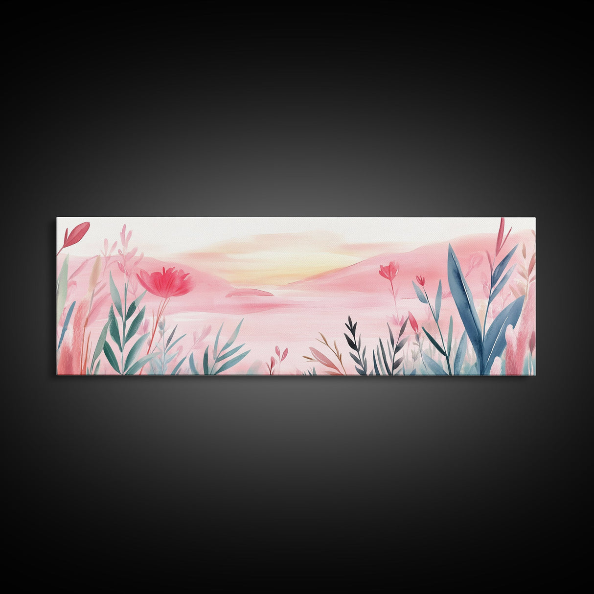 Wildflower Horizon Canvas Print, Light Pink Coastal Landscape Art, Panoramic Wall Art, Above Sofa Decor, Nature-Inspired Artwork