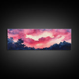 Forest Sunset Framed Canvas Print, Moody Evening Sky Painting, Smoky Mountain Landscape Art, Living Room or Bedroom Wall Decor