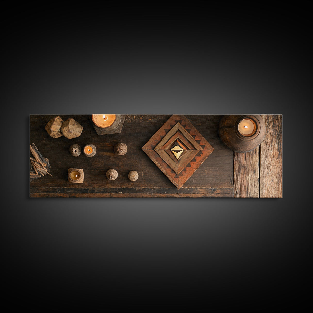 Wabi Sabi Framed Canvas Print Wooden Geometric Art Sacred Geometry Modern Rustic Decor Living Room Unique Gift Idea