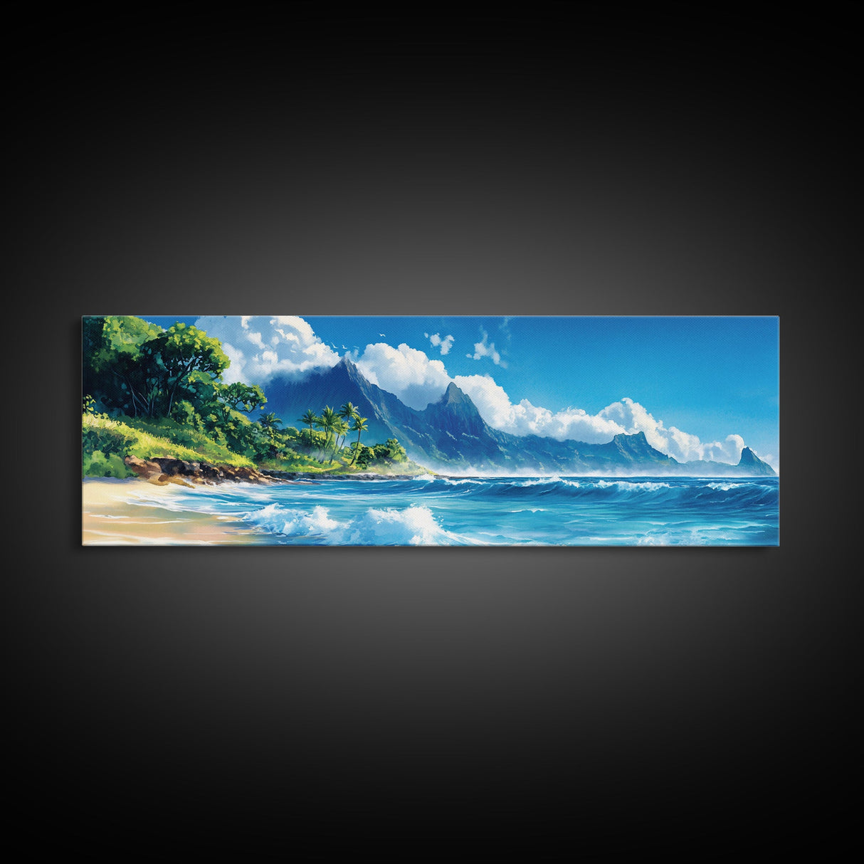 Tropical Paradise Beach Framed Canvas Print - Panoramic Hawaii Coastal Painting, Nautical Wall Art, Ocean View Living Room Wall Decor