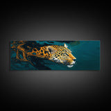 Leopard In Motion Framed Canvas Print - Abstract Jungle Painting, Teal And Orange Wildcat Art, Modern Safari Wall Decor, Bedroom Accent