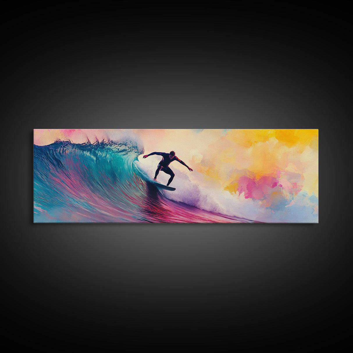 Framed Canvas Print of Vibrant Surf Wall Art with Pink Orange Waves, Coastal Decor, Nautical Painting, Gift Idea, Above Sofa Art