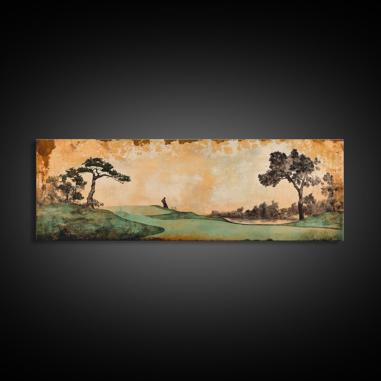 Japanese-Inspired Golf Scene Framed Canvas Print – Rustic Decor, Golf Art, Panoramic Art, Horizontal Wall Art, Gift Idea For Him