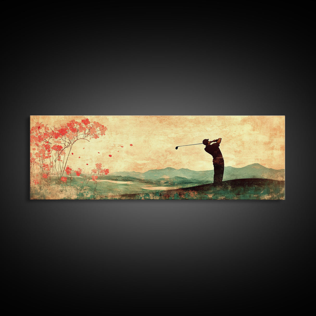 Golf Swing Elegance Framed Canvas Print – Rustic Decor, Golf Art, Panoramic Painting, Horizontal Wall Art, Gift Idea For Him