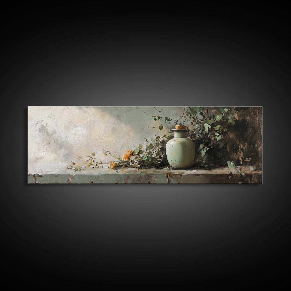 Minimalist Vase with Leaves Framed Canvas Print – Botanical Prints, Green Wall Art, Rustic Wall Art, Above Bed Wall Art, Gift Idea For Her