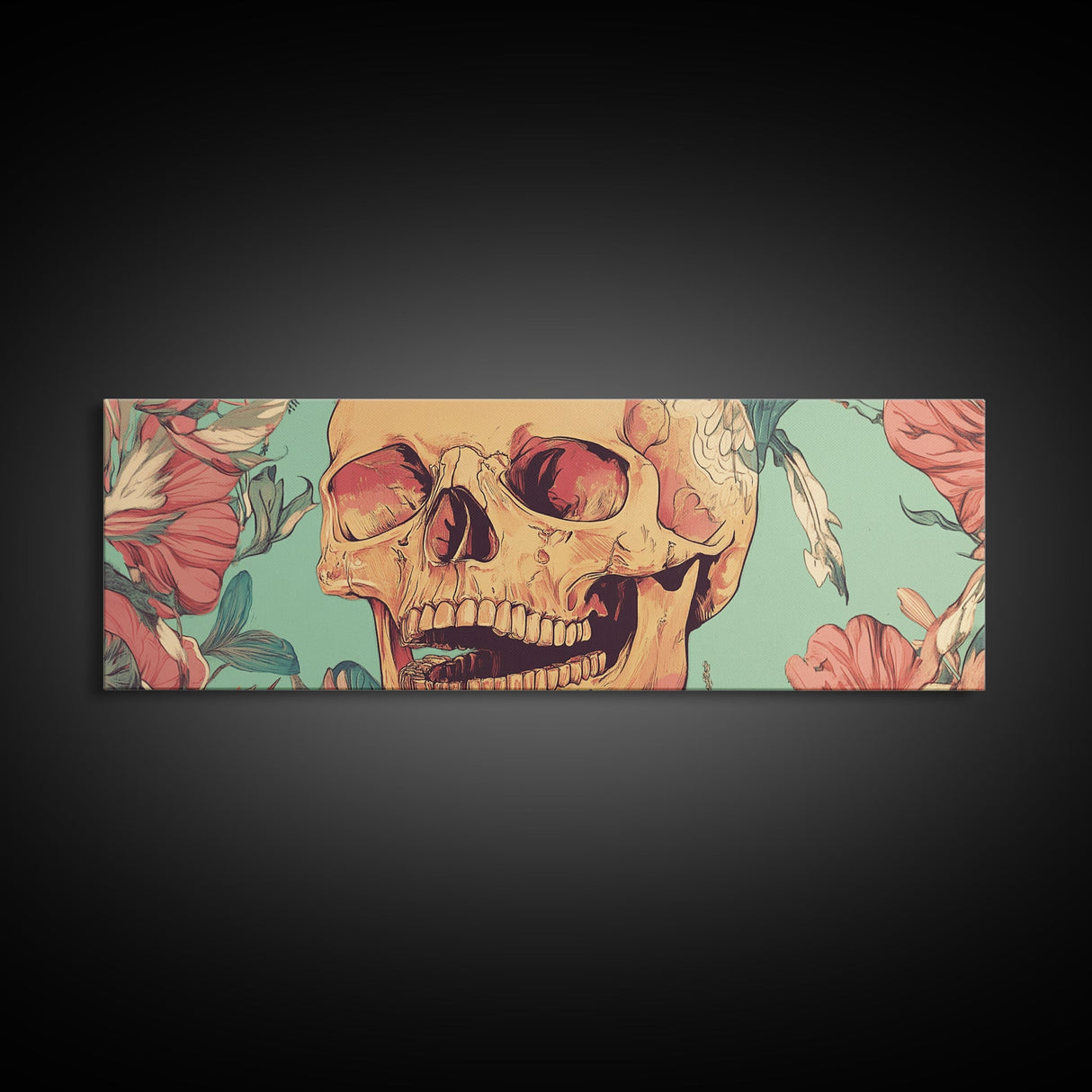 Skull Art with Wildflower Motif Framed Canvas Print, Botanical and Whimsical Wall Art Gift Idea, Rustic and Moody Decor Living Room Art