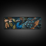Blue Peacock Framed Canvas Print Chinoiserie Style Mosaic Wall Art Boho Rustic Decor Living Room Feature Art Print