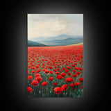 Scenic Poppy Field Framed Canvas Print, Rustic Landscape Painting, Bedroom Art, Farmhouse Wall Decor, Extra Wide Rustic Art