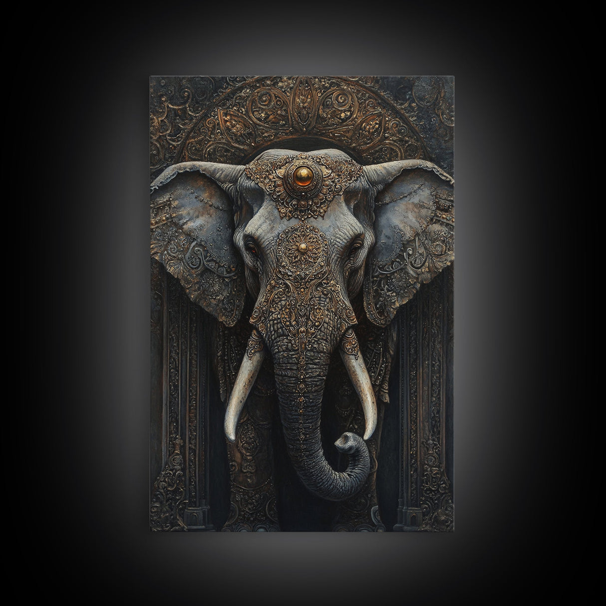 Ornate Elephant Kerala Mural Framed Canvas Print – Ganesh Wall Art, Sacred Geometry Art, Indian Inspired Decor Rustic Living Room Art