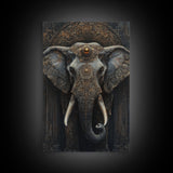 Ornate Elephant Kerala Mural Framed Canvas Print – Ganesh Wall Art, Sacred Geometry Art, Indian Inspired Decor Rustic Living Room Art