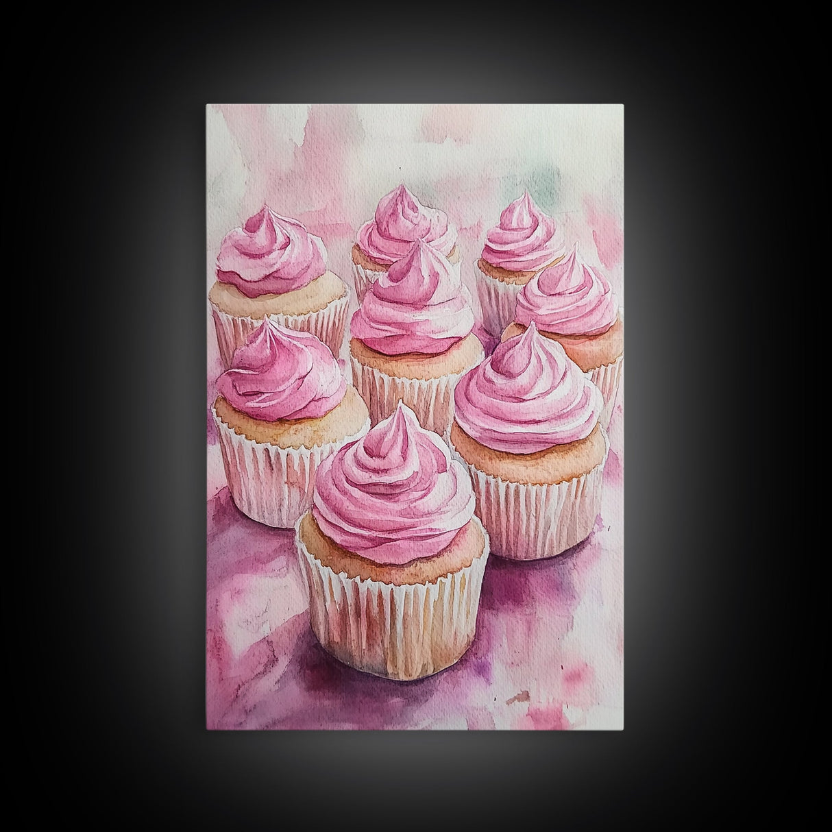 Pink Cupcake Art Canvas Print Kitchen Decor Dessert Illustration Rustic Artwork Food Review Kitchen Art Gift Idea For Her