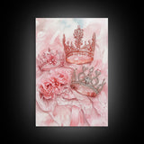 Elegant watercolor crowns and roses painting, framed canvas print, rose painting, goddess art print, chic pink wall art for living room