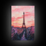 Eiffel Tower Sunset Framed Canvas Print Paris Landscape Painting French Cityscape Wall Art Bedroom Decor Romantic Gift Pink Orange Art