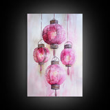 Pink Lanterns Framed Canvas Print, Chinoiserie Wall Art, Cozy Living Room Decor, Boho Aesthetic, Vertical Oriental Light Pink Wall Art