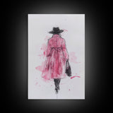 Woman in Coat Framed Canvas Print Light Pink Wall Art Moody Minimalist Fashion Illustration Rustic Aesthetic Unique Gift Idea