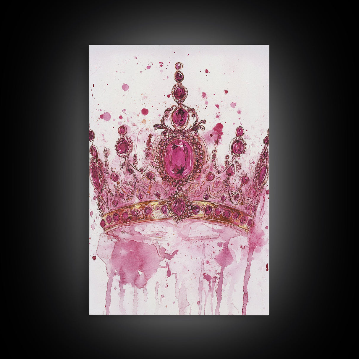 Regal jeweled crown painting featuring framed canvas print, moody art, pink wall art for dorm, unique goddess art print decor