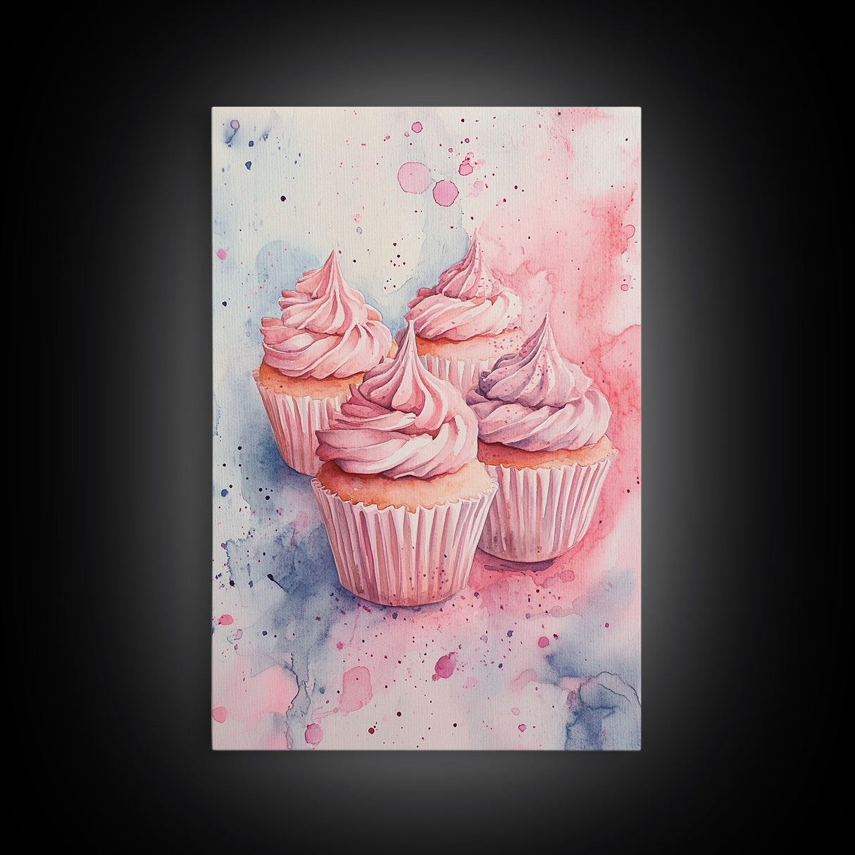 Pink frosted cupcake painting on framed canvas print, whimsical art, food review kitchen art, living room art, guest room decor