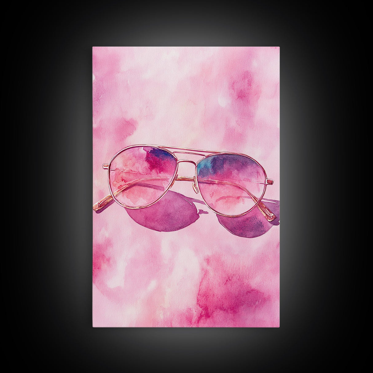 Stylish pink sunglasses painting featuring framed canvas print, pink wall art, boho art, above sofa art, modern living room decor