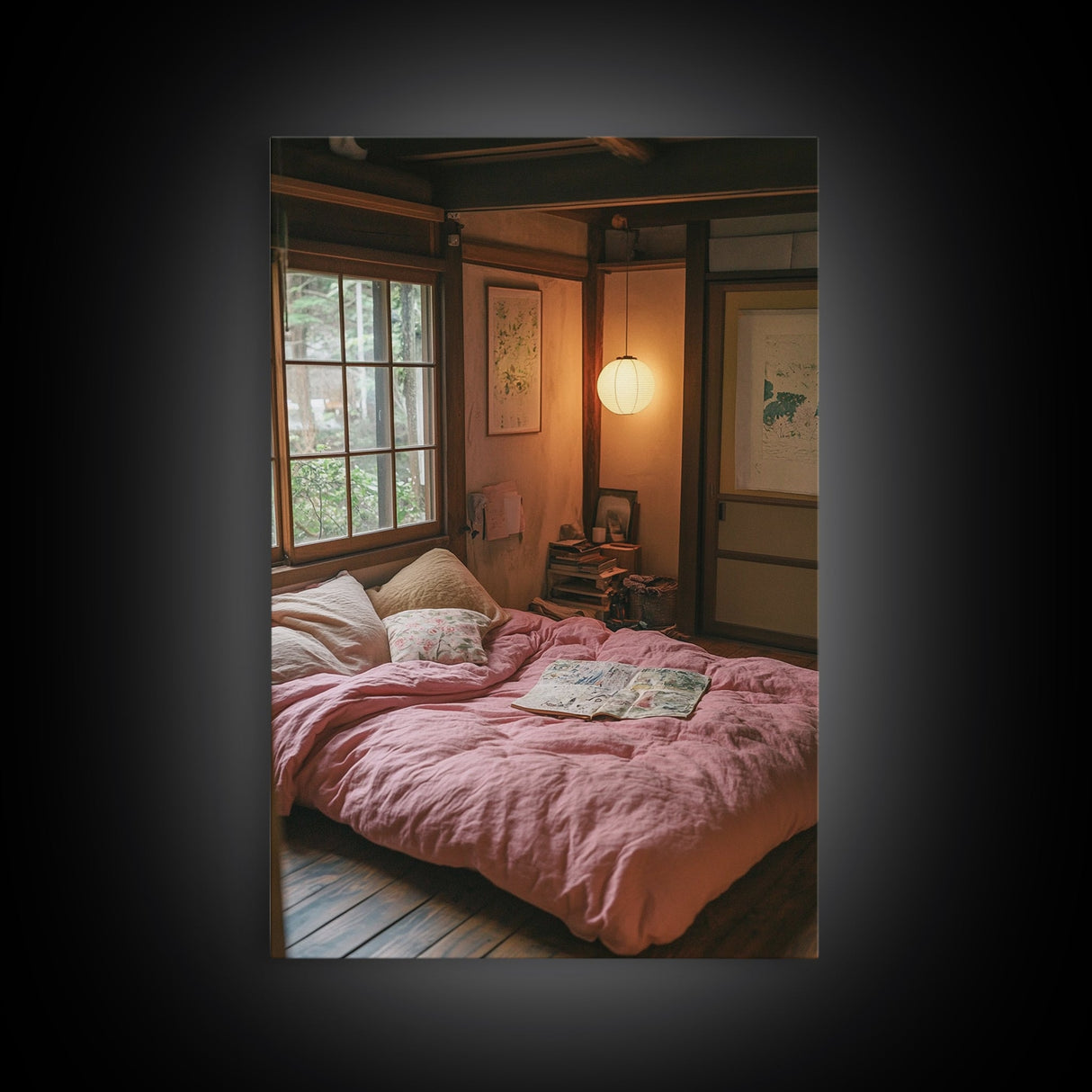 Minimalist Japanese Bedroom Art Canvas Print Wabi Sabi Home Decor Pink Cozy Wall Art Framed Living Room Art Piece Modern Gift