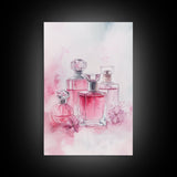 Elegant Pink Perfume Bottles Framed Canvas Print, Feminine Bathroom Art Light Pink Decor, Whimsical Gift Idea for Her Room