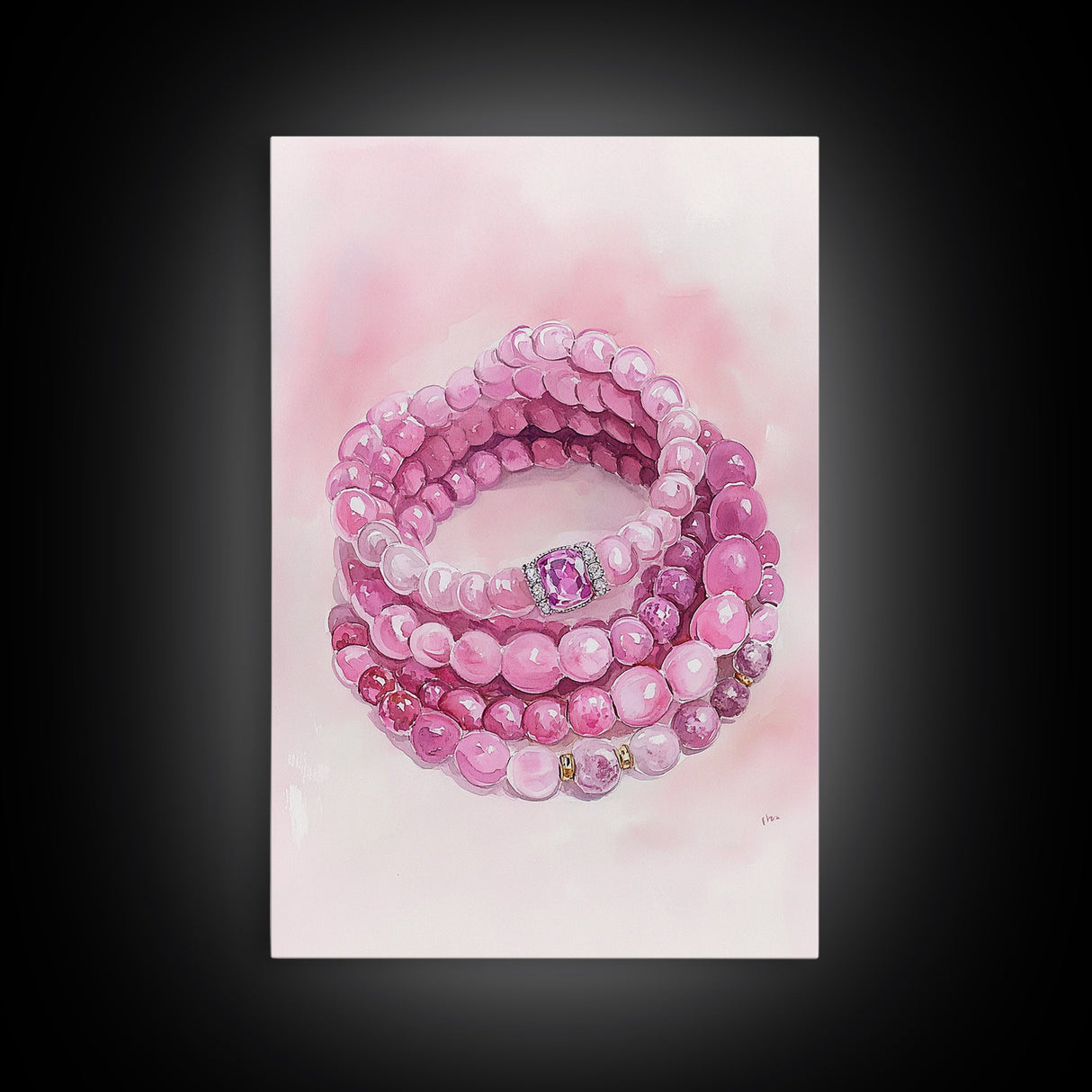 Pink Gemstone Bracelet Painting Framed Canvas Print, Whimsical Jewelry Art Light Pink Decor, Feminine Bedroom or Gift Aesthetic