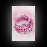 Pink Gemstone Bracelet Painting Framed Canvas Print, Whimsical Jewelry Art Light Pink Decor, Feminine Bedroom or Gift Aesthetic