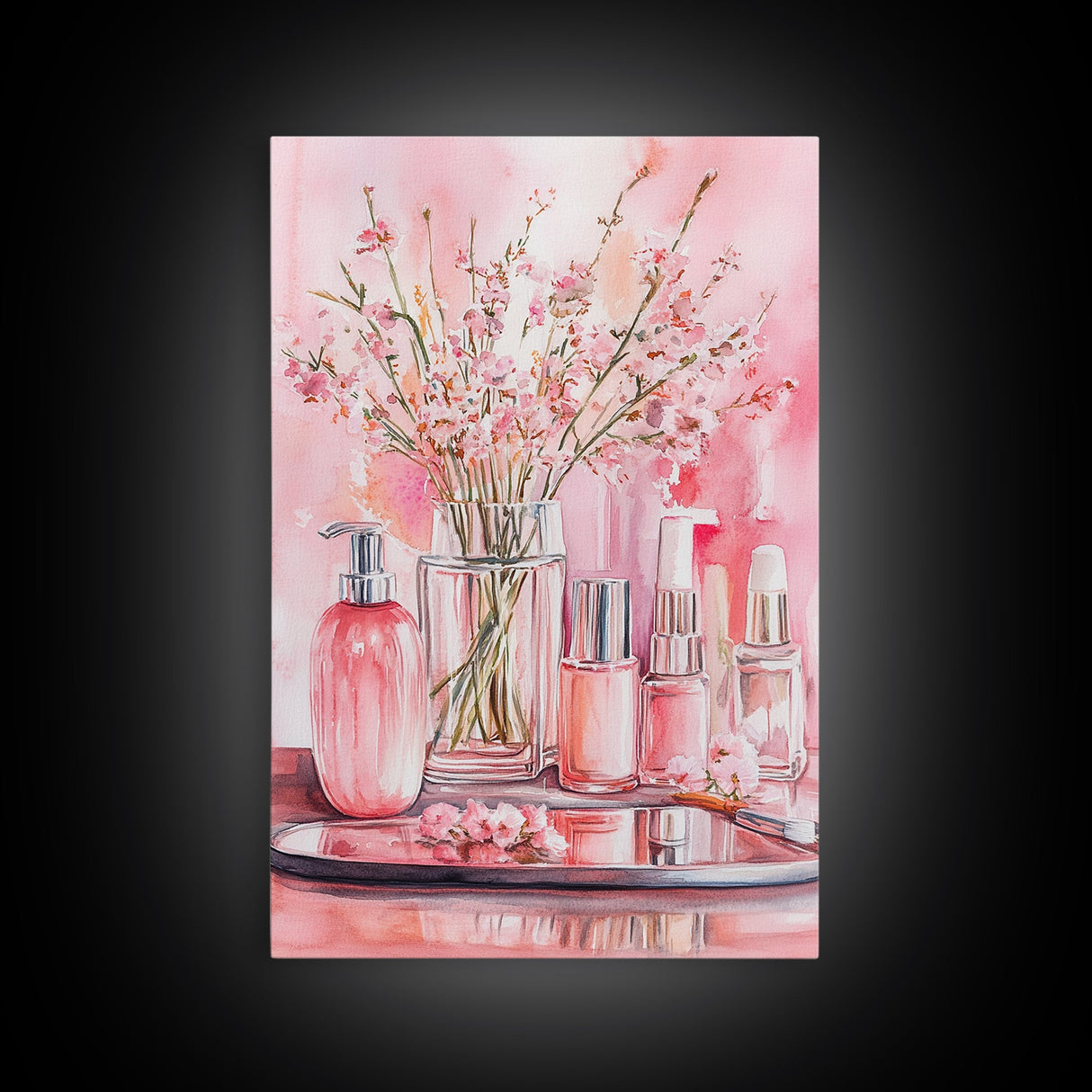 Pink wildflower botanical prints with glass bottles framed canvas print for bedroom or guest room rustic decor gift idea her wall art