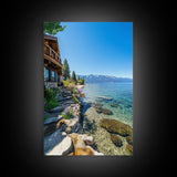 Lakeside Retreat Framed Canvas Print Coastal Landscape Art Nautical Wall Art Living Room Decor Lake Tahoe Art Rustic Decor Seascape Painting
