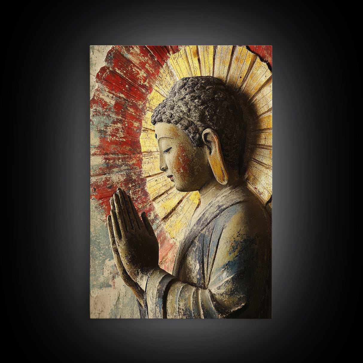 Buddha Prayer Sculpture Framed Canvas Print Zen Wall Art Rustic Decor Sacred Geometry Wall Art Therapy Art Living Room Art Buddha Art