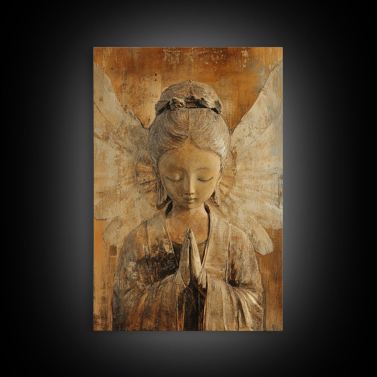 Serene Angel Sculpture Framed Canvas Print Angels Wall Art Rustic Wall Art Therapy Art Sacred Peaceful  Art Living Room Décor