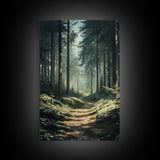 Forest Path Landscape Framed Canvas Print with Pine Tree Art, Rustic Decor and Serene Nature Above Sofa Artwork