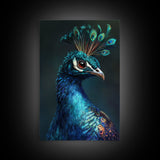 Vibrant Peacock Portrait Framed Canvas Print | Bold Peacock Wall Art | Tropical Bird Painting | Exotic Animal Art | Gift Idea