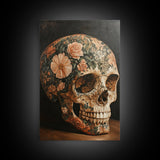 Skull Art Framed Canvas Print Featuring Floral Boho Design in Rustic Chinoiserie Style, Gothic Bedroom Art and Halloween Wall Decor